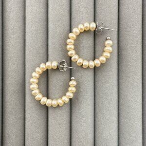 Honora Pearl Earrings Hoop Hoops Sterling Silver 925 Round  1" QVC Champagne